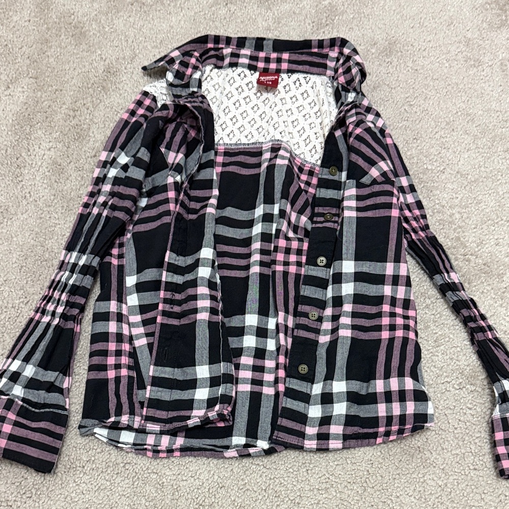 Arizona Jean Company Pink and Black Plaid Shirt with lace back